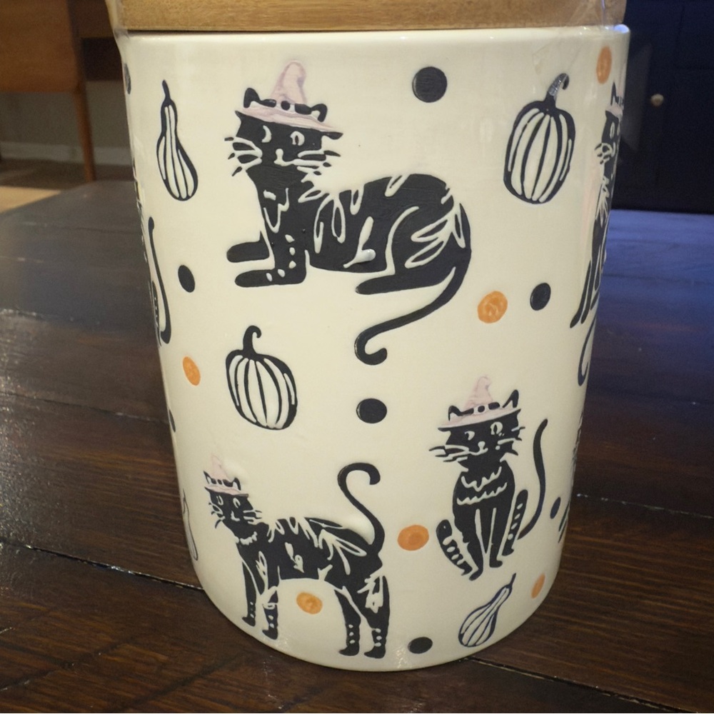 Potter’s Studio Black Cat Halloween Pumpkin 6” Canister Wood Lid Treat Jar New - Picture 6 of 7